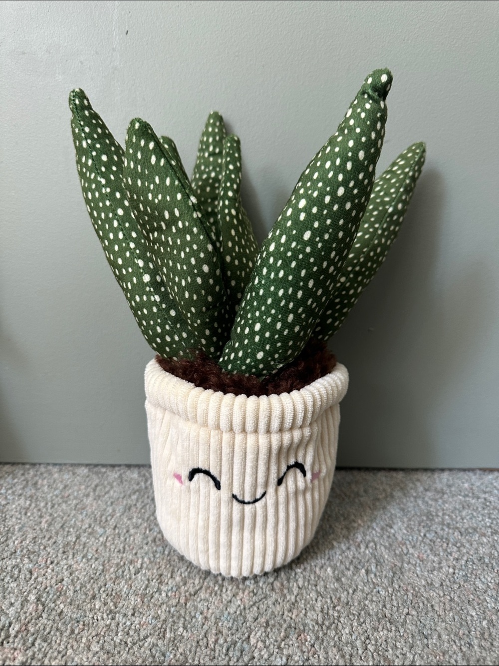Plush Green Polka-Dot Fabric Succulent in Cream Smiling Pot